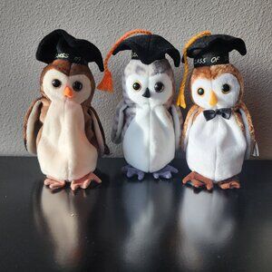 LOT OF 3 TY Beanie Baby Babies Graduation Owls: Wise '98, Wiser '99, Wisest 2000